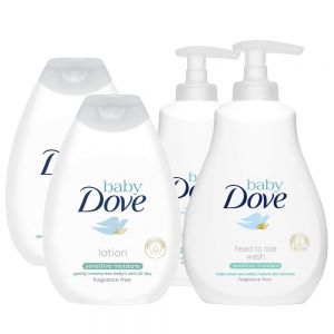 Dove - 2 x Baby Head to Toe Wash Sensitive Moisture 200ml + 2 x Baby Lotion Sensitive Moisture Fragrance Free 200ml